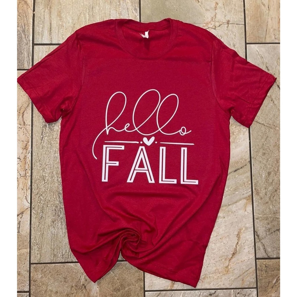 Bella Canvas Unisex Red "Hello Fall" Top Shirt Size Medium